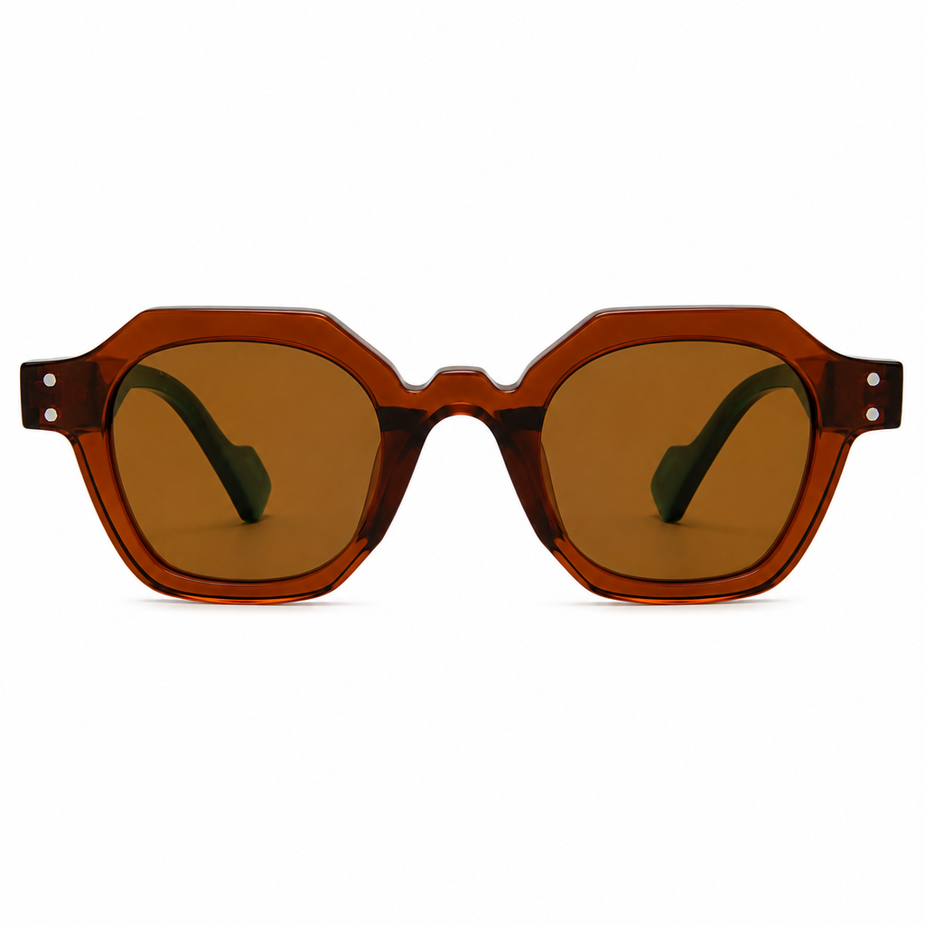 MIVDIOR Hexa Polarized UV400 Geometric Sunglasses for Men & Women | Brown Transparent Frame with Green Temple | Premium Fashion Eyewear