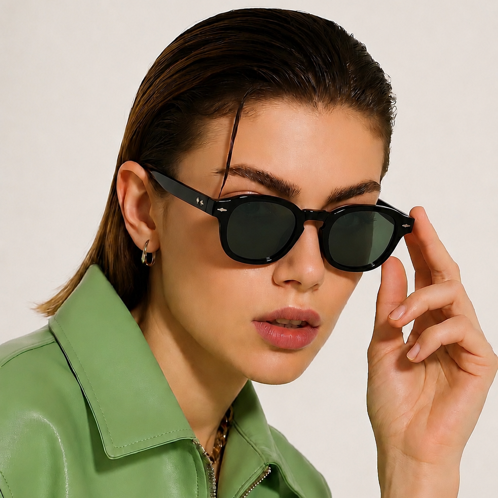 Mivdior Opal CRYSTA Glossy Black  Frame Green Smoky Lens Sunglasses