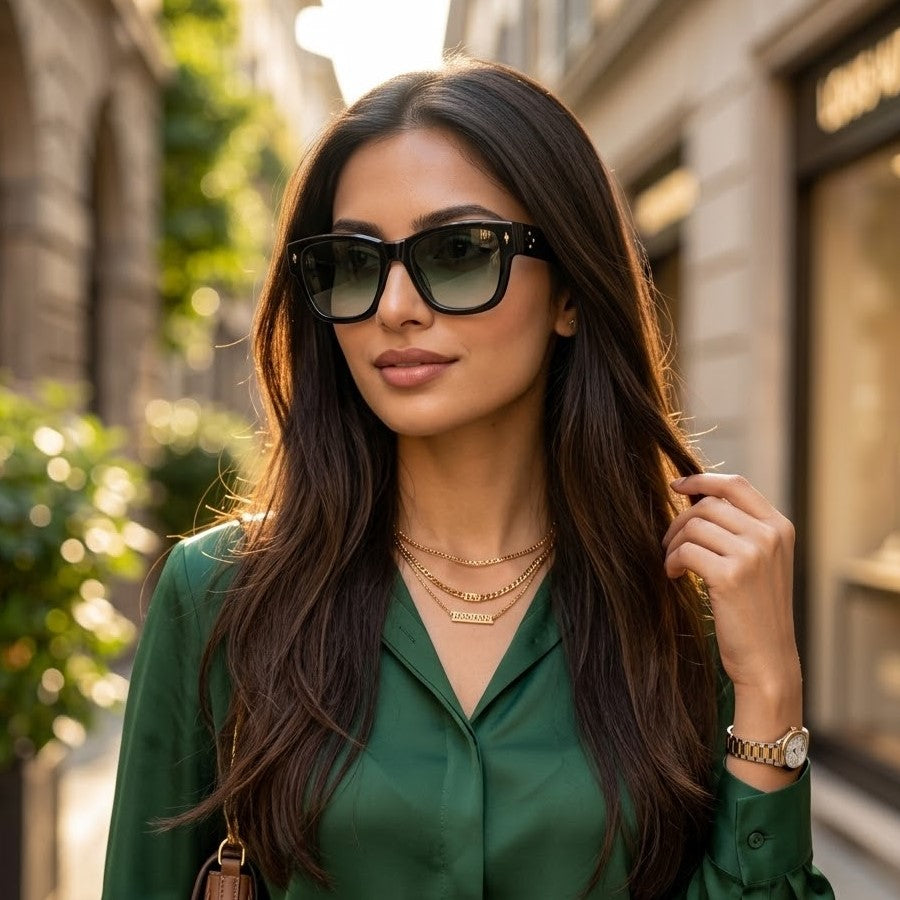 Mivdior Aura CRYSTA Glossy Black  Frame Green Smoky Lens Sunglasses