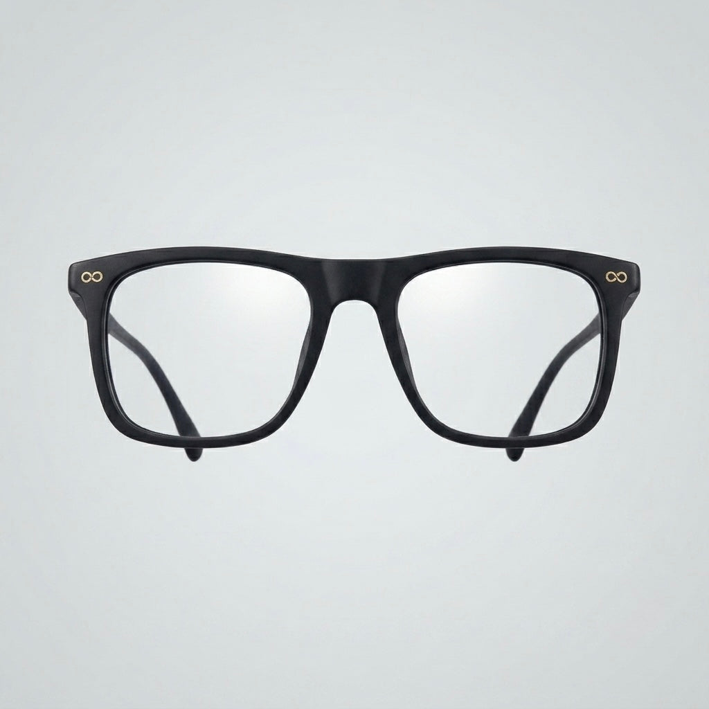 Premium Matte Black Signature Square Eyeglasses – Lightweight TR90 Luxury Unisex Frame with Dual Gold Infinity Detail